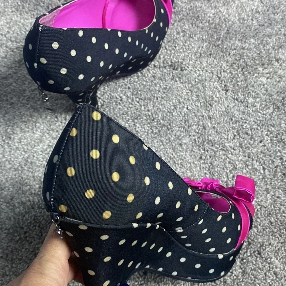 Penthouse Shoes by ellie Black White Polka Dots Pink Bows sz 9